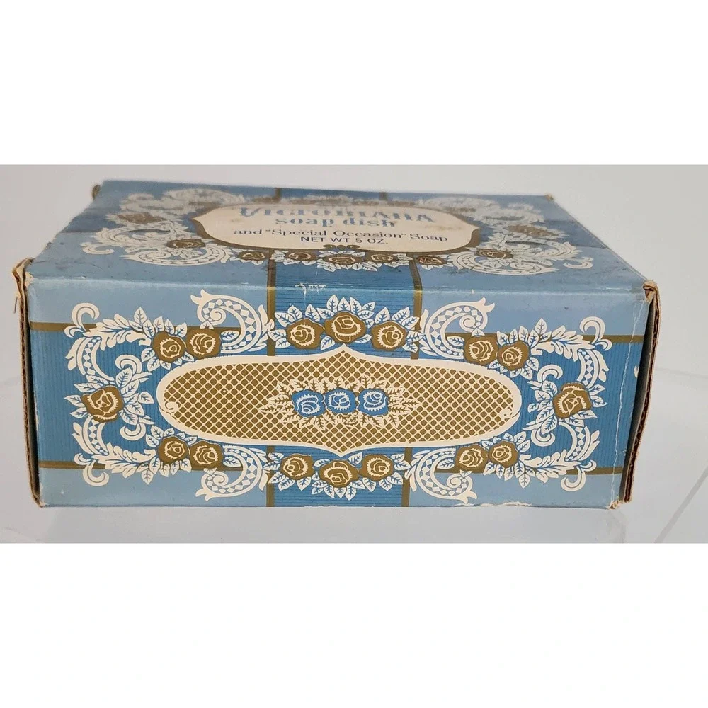 Avon Victoriana Soap Dish & Soap Set Blue Slag Glass Rose 1978 Vintage Special